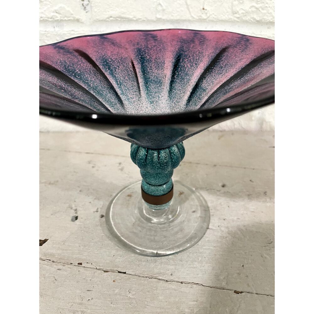 Signed Studio Art Glass Decorative Vessel Amethyst Teal Leather Accent Bowl